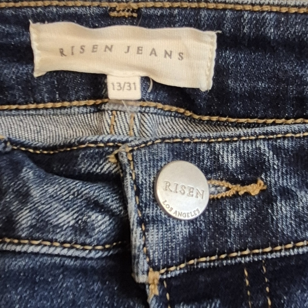 Risen 13/31 Med Dark Wash Denim Straight Leg Jeans Distressed 28" Inseam - Picture 3 of 5
